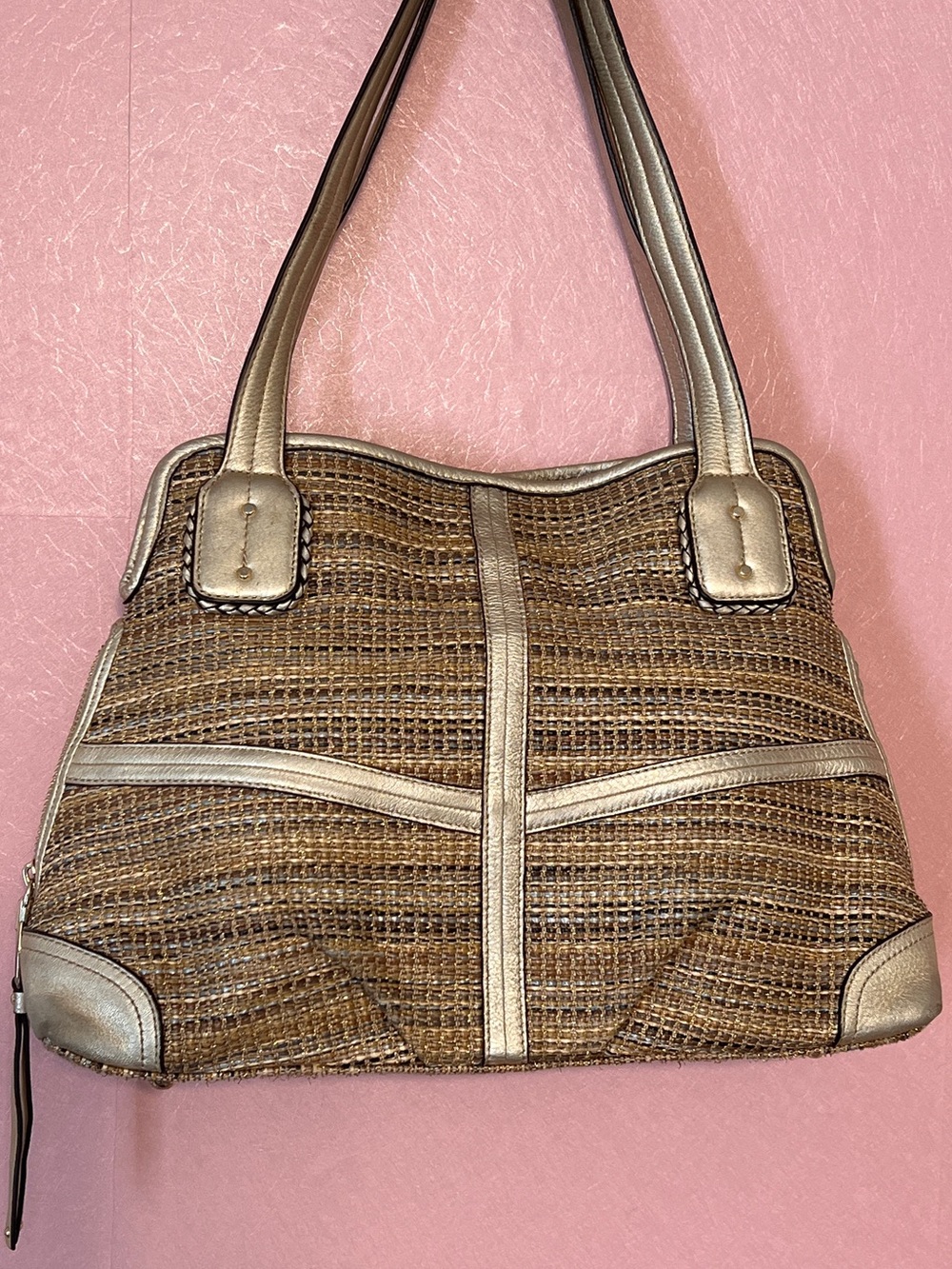 B Makowsky Vintage Woven Tote Bag with Gold Leather Trim - Picture 1 of 8